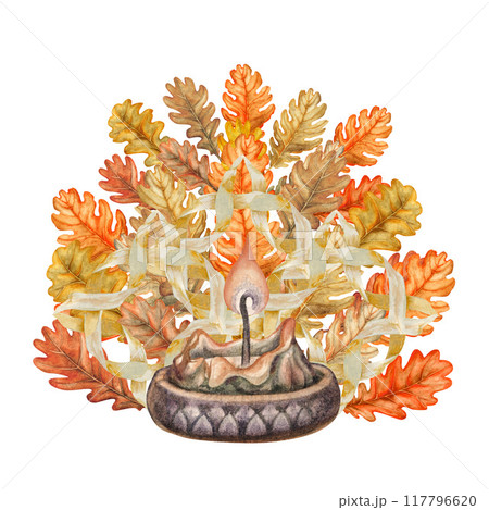 Orange and brown autumn oak leaves, vase, candles, straw craft ornament. Oval postcard template with watercolor illustration. Texture of natural foliage, acorns for harvest festival, Thanksgiving 117796620