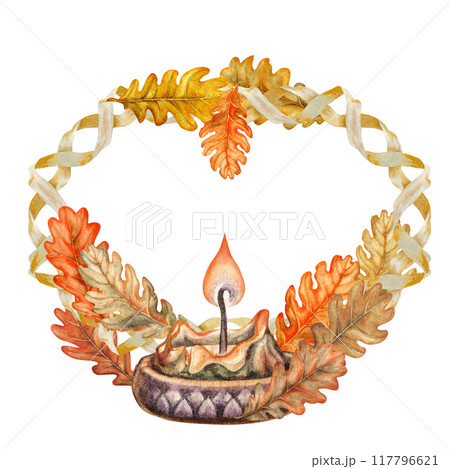 Orange and brown autumn oak leaves, vase, candles, straw craft ornament. Oval postcard template with watercolor illustration. Texture of natural foliage, acorns for harvest festival, Thanksgiving 117796621