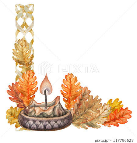 Autumn orange oak leaves, vase, candles, straw craft ornament. Vertical postcard template with watercolor illustration. Texture of natural foliage, acorns for harvest festival, Thanksgiving, Halloween Autumn orange oak leaves, vase, candles, straw craft ornament. Vertical postcard template with watercolor illustration. Texture of natural foliage, acorns for harvest festival, Thanksgiving, Halloween 117796625