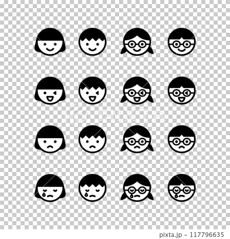 各種表情的兒童臉部圖示的線條畫插圖 117796635