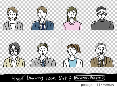 Hand-drawn icon set of business people with troubled expressions 117796689