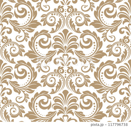 Floral pattern. Vintage wallpaper in the Baroque style. Seamless vector background. White and beige ornament for fabric, wallpaper, packaging. Ornate Damask flower ornament 117796738