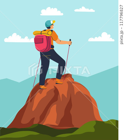 Hiker Standing On Rocky Peak 117796827
