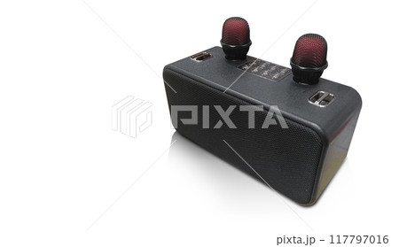 two red and black microphone on black radio on white background, object, decor, decoration, fashion, comfortable, copy space 117797016