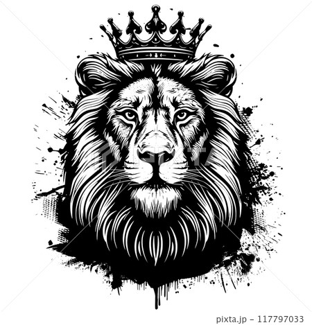 Majestic lion wearing a crown, symbolizing strength and royalty. Detailed black and white illustration with a bold, artistic flair, Wildlife Animals. Majestic lion wearing a crown, symbolizing strength and royalty. Detailed black and white illustration with a bold, artistic flair, Wildlife Animals. 117797033