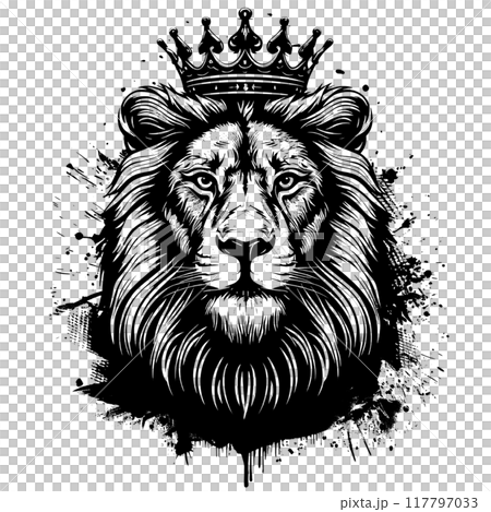 Majestic lion wearing a crown, symbolizing strength and royalty. Detailed black and white illustration with a bold, artistic flair, Wildlife Animals. Majestic lion wearing a crown, symbolizing strength and royalty. Detailed black and white illustration with a bold, artistic flair, Wildlife Animals. 117797033