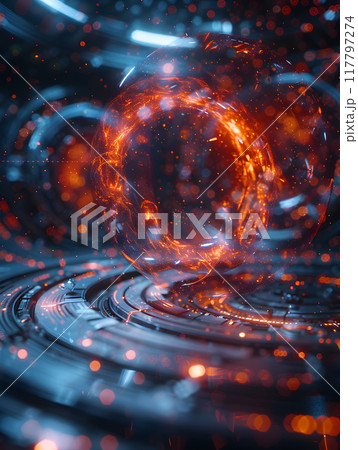 Immerse yourself in a stunning scifi setting with an energy sphere amidst glowing particles in a dynamic, hightech environment, blending innovation with mesmerizing futurism 117797274
