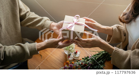Hands Exchanging a Gift Wrapped with Pink Ribbon Hands Exchanging a Gift Wrapped with Pink Ribbon 117797636