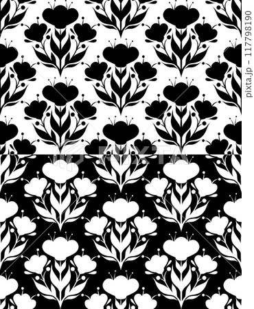 Set of vector decorative monochrome seamless pattern with bloom flowers silhouette. Collection of rustic surface design Set of vector decorative monochrome seamless pattern with bloom flowers silhouette. Collection of rustic surface design 117798190