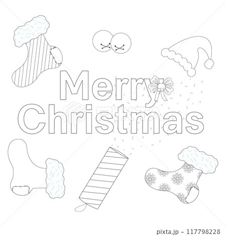A festive Christmas coloring page featuring stockings, Santa hat, jingle bells, and a holiday message. Perfect for holiday crafts and activities. 117798228