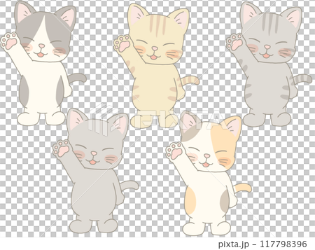 手を挙げる色んな猫のセット 117798396