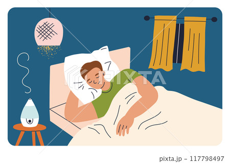 Sleeping man vector illustration, flat cartoon scene of cozy bedroom with humidifier on nightstand. The serene home interior, night light and curtains, relaxing atmosphere, healthy sleep environment 117798497