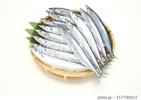 北海道根室産の生サンマのカゴ盛り 117798832