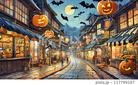 ハロウィン装飾で彩られた商店街 01 117799187