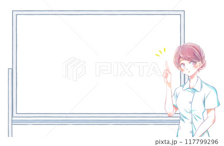 ホワイトボードの前で人差し指を差す女性看護師 117799296