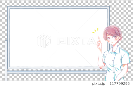 ホワイトボードの前で人差し指を差す女性看護師 117799296