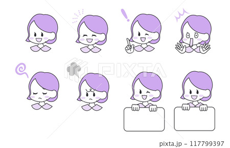 いろいろな表情とポーズの中年女性のイラストセット　2色カラー 117799397