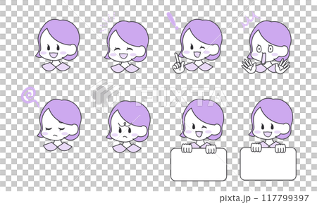 Illustration set of middle-aged women with various expressions and poses, 2-color 117799397