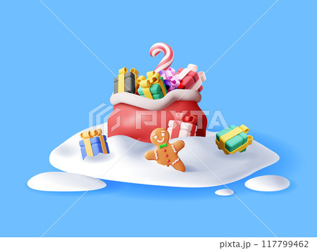 3D open santa claus sack full of gifts in snow 117799462