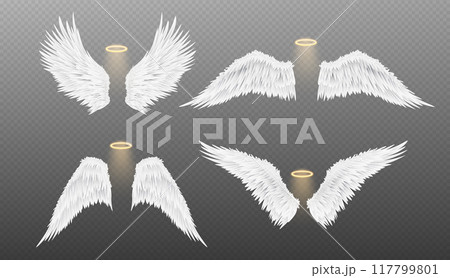 White realistic angel wings with glowing halo 117799801