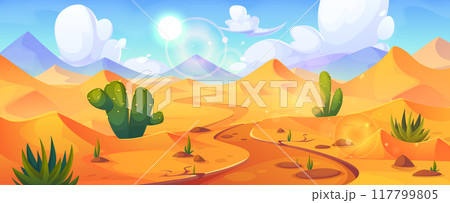 Sandy desert landscape with road perspective Sandy desert landscape with road perspective 117799805