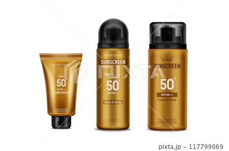 Sunscreen bottles set on white background 117799869