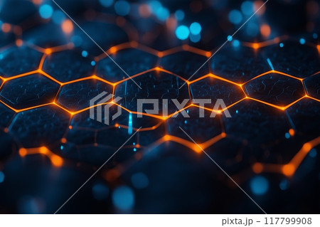 Abstract hexagonal shapes with glowing edges in a futuristic design. High quality photo 117799908