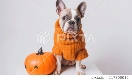 French Bulldog in Sweater with Halloween Pumpkin. High quality photo 117800013
