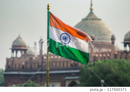 Indian Flag Waving Proudly in Front of Historical Monument. High quality photo Indian Flag Waving Proudly in Front of Historical Monument. High quality photo 117800371