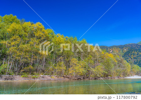 【秋素材】錦秋の上高地・梓川の清流【長野県】 【秋素材】錦秋の上高地・梓川の清流【長野県】 117800792