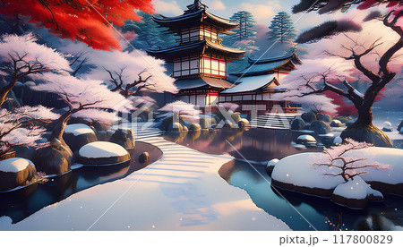 お正月の和風庭園の風景 01 117800829