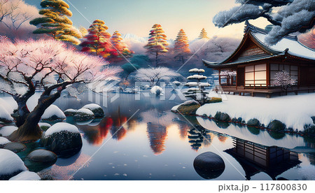 お正月の和風庭園の風景 02 117800830