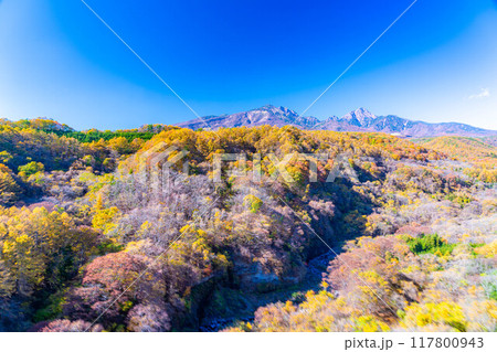 【秋素材】八ヶ岳大橋から見る紅葉時期の八ヶ岳と青空【山梨県】 117800943