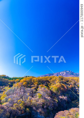 【秋素材】八ヶ岳大橋から見る紅葉時期の八ヶ岳と青空【山梨県】 117800949