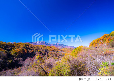 【秋素材】八ヶ岳大橋から見る紅葉時期の八ヶ岳と青空【山梨県】 117800954