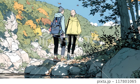 秋の野山をハイキングしている若い女性