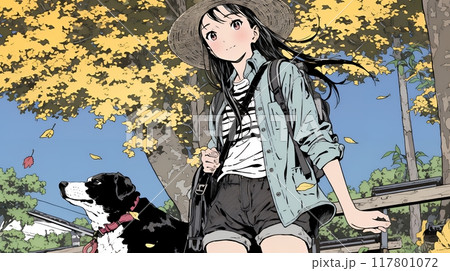 秋の野山をハイキングしている若い女性