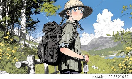 秋の野山をハイキングしている若い女性