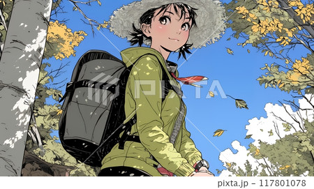 秋の野山をハイキングしている若い女性