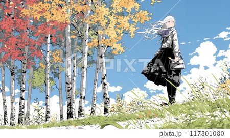 秋の野山をハイキングしている若い女性