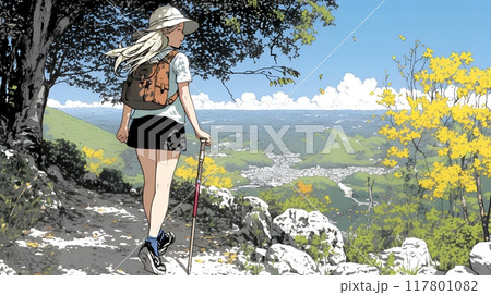 秋の野山をハイキングしている若い女性