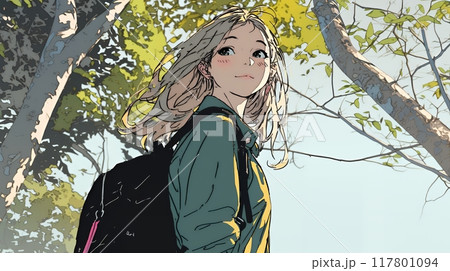 街の木々の紅葉と若い女性