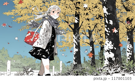 水辺の紅葉の小径を散策している若い女性