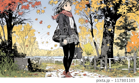 水辺の紅葉の小径を散策している若い女性