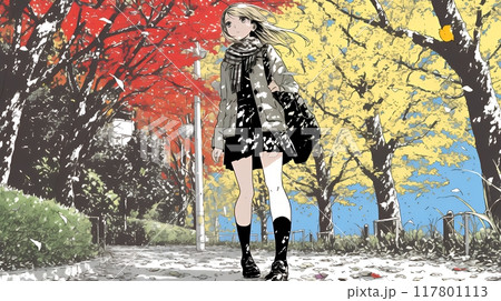 水辺の紅葉の小径を散策している若い女性