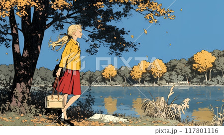 水辺の紅葉の小径を散策している若い女性