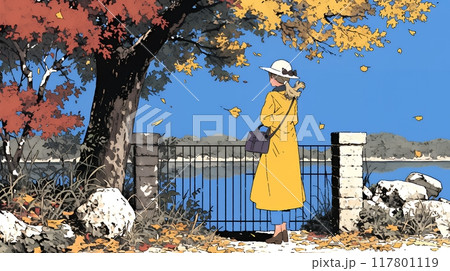 水辺の紅葉の小径を散策している若い女性