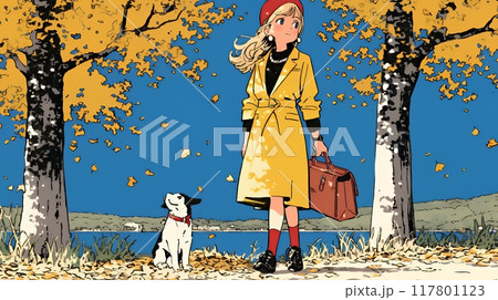 水辺の紅葉の小径を散策している若い女性