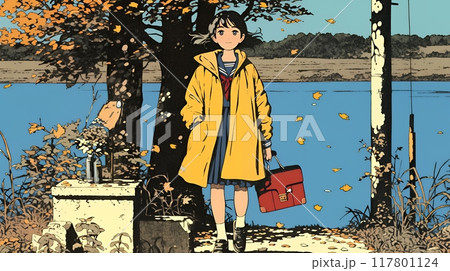 水辺の紅葉の小径を散策している若い女性