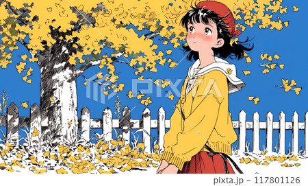 水辺の紅葉の小径を散策している若い女性